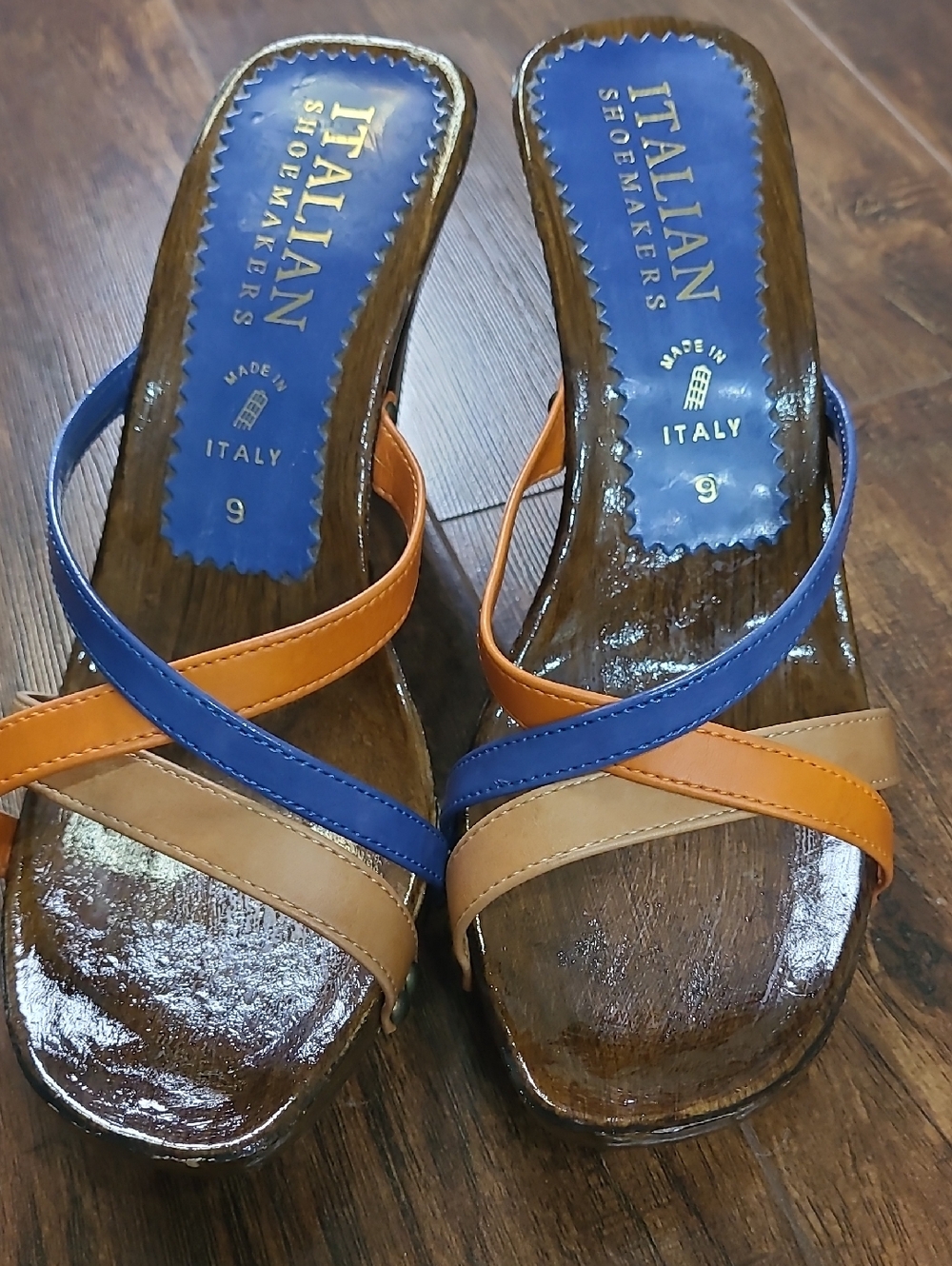 Italian Shoemakers Blue & Tan Strappy High-Heel Sandals Wood Size 9 - Picture 2 of 10